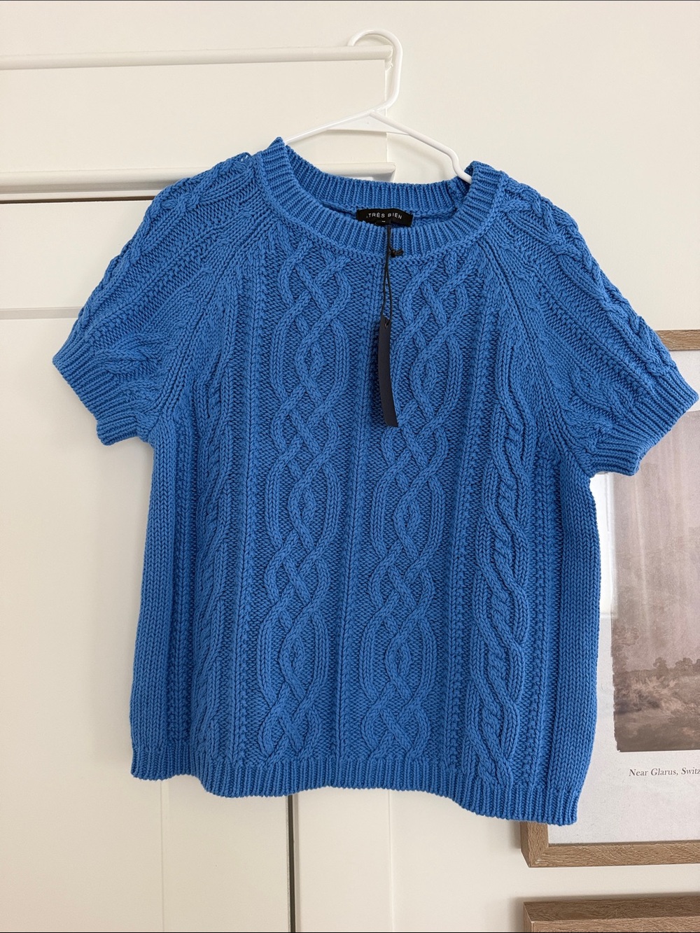 Roolee Bright Blue Cable-Knit Short Sleeve Crew Sweater